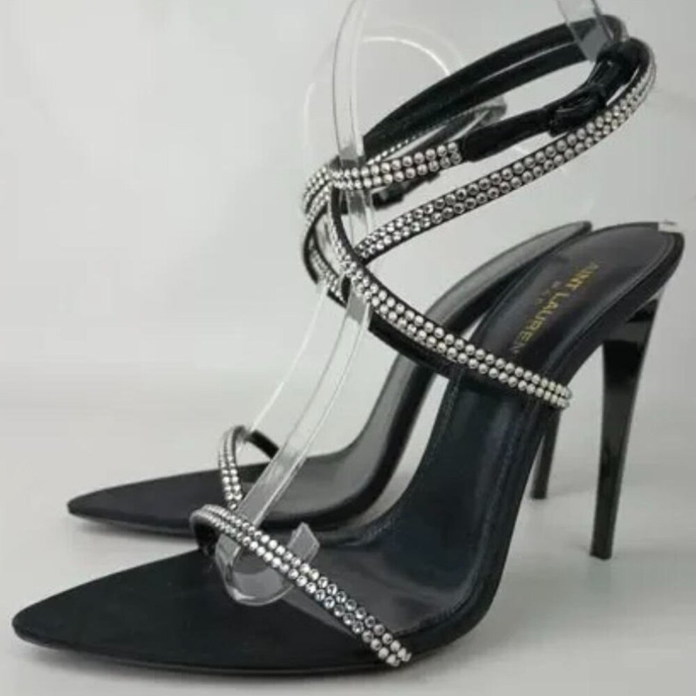 SAINT LAURENT Crystal-embellished glossed-leather and silk sandals Size EU41